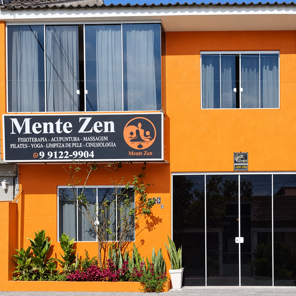 Fachada laranja da Mente Zen com placa de identificação e entrada da clínica